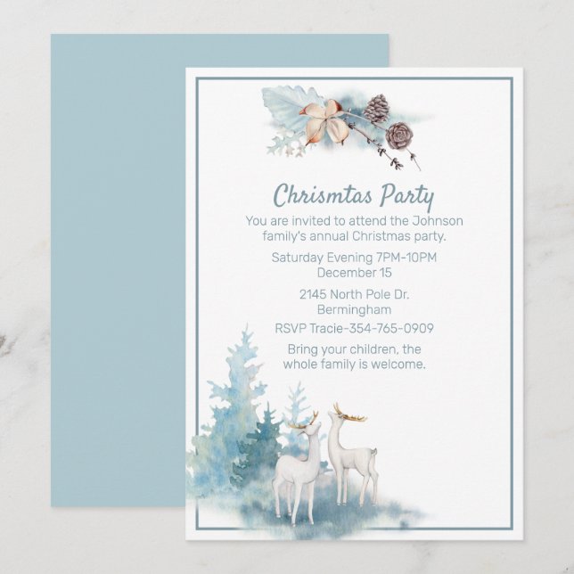 Deer and Pastel Foliage Christmas Party Invitation (Front/Back)