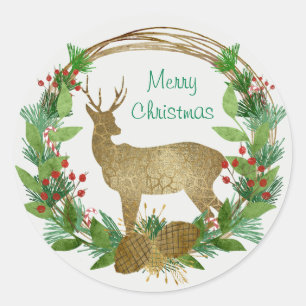 Deer and Pine Bough Merry Christmas Wreath Classic Round Sticker