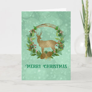 Deer and Pine Bough Wreath Merry Christmas Holiday Card