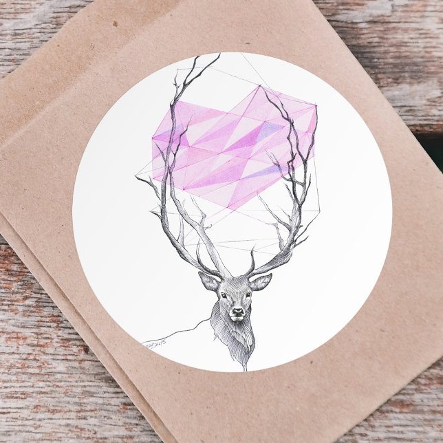 Deer and pink geometric heart drawing Animal art Classic Round Sticker (Creator Uploaded)