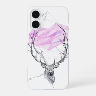 Deer and pink geometric heart drawing Animal art iPhone 16 Case
