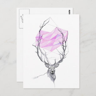 Deer and pink geometric heart drawing Animal art Postcard