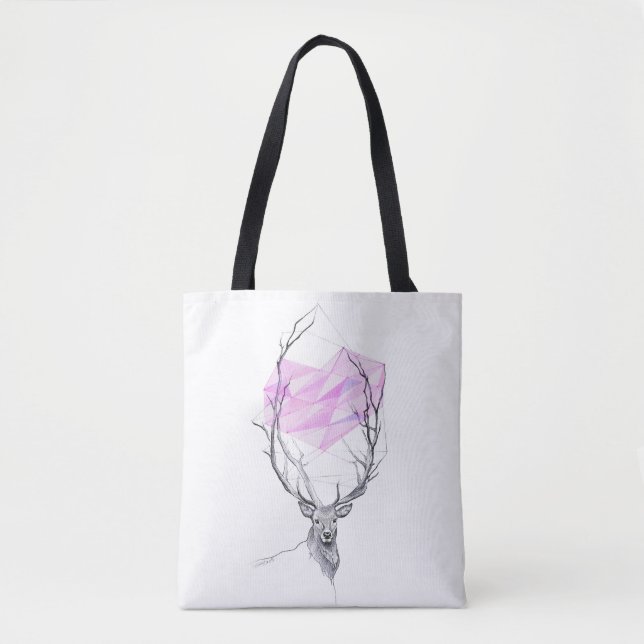 Deer and pink geometric heart drawing Animal art Tote Bag (Front)