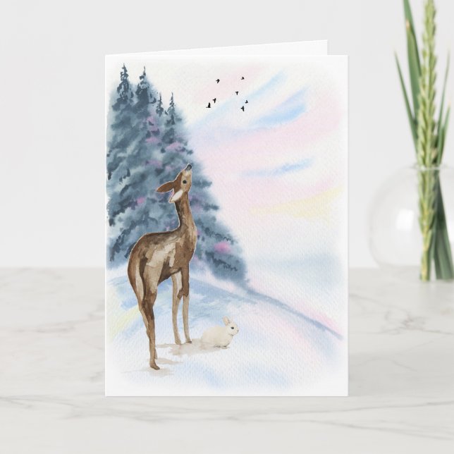 Deer and Rabbit at Sunrise Christmas Card (Front)
