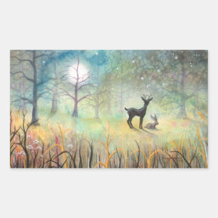 Deer and Rabbit Fantasy Wildlife Art Rectangular Sticker
