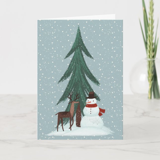Deer and Snowman in Snowflakes Card (Front)