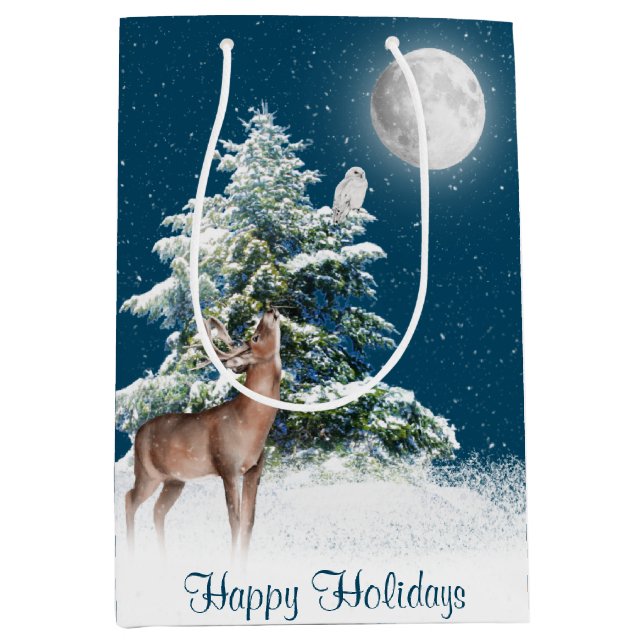 Deer and Snowy Owl in Snowflakes Medium Gift Bag (Front)