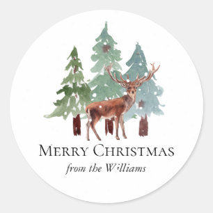 Deer And Snowy Pine Christmas  Classic Round Sticker