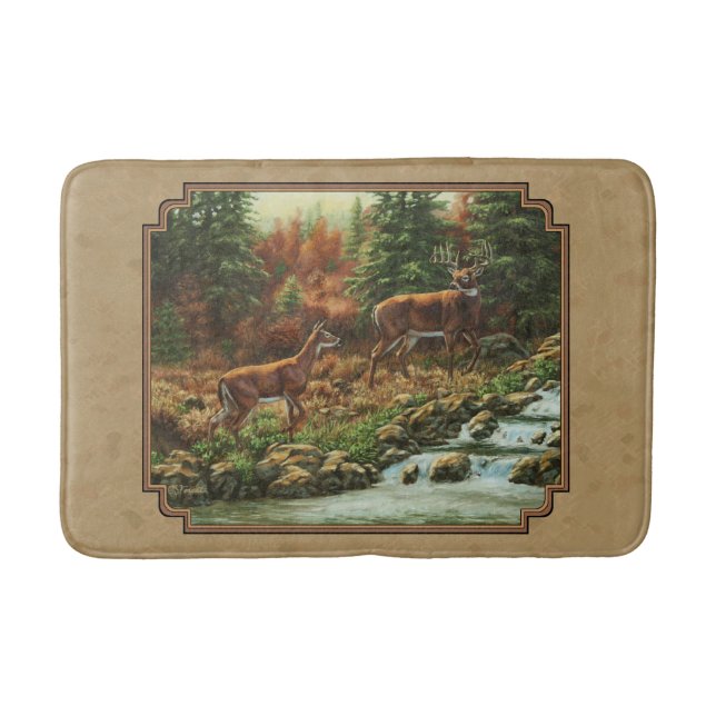 Deer and Stream Waterfall Tan Bath Mat (Front)