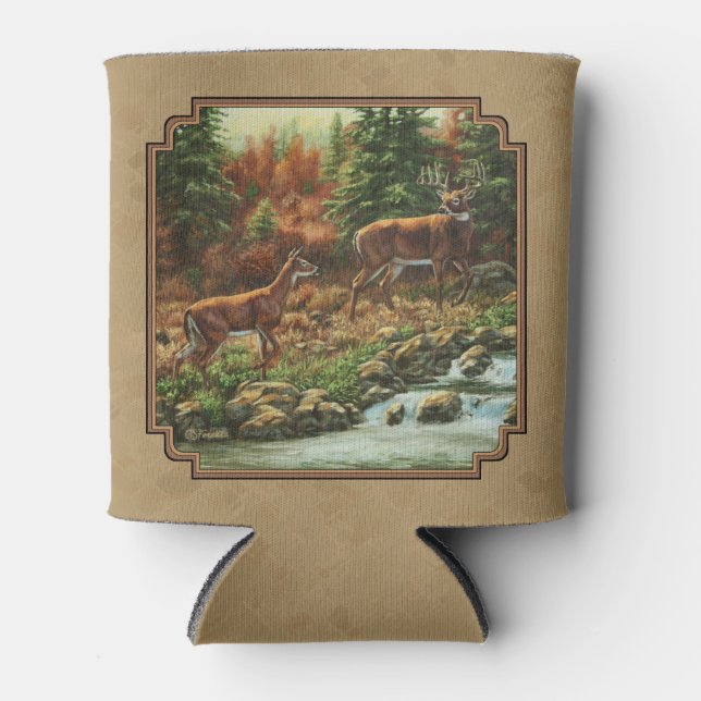 Deer and Stream Waterfall Tan Can Cooler (Front)