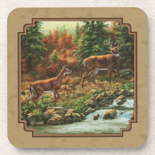 Deer and Stream Waterfall Tan Coaster