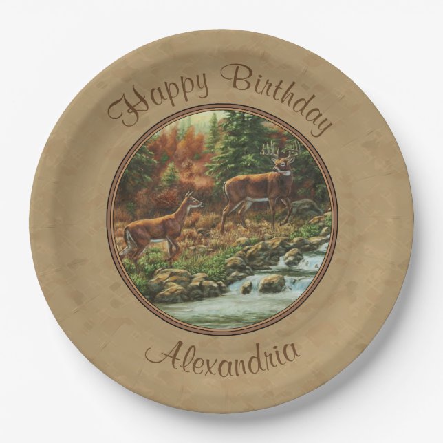Deer and Stream Waterfall Tan Paper Plate (Front)