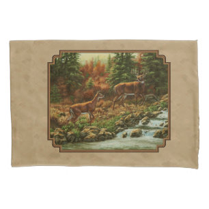 Deer and Stream Waterfall Tan Pillowcase
