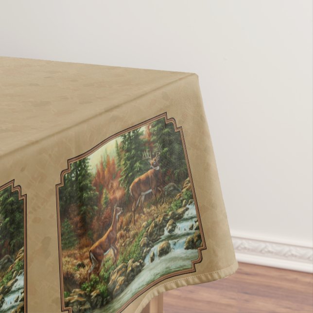 Deer and Stream Waterfall Tan Tablecloth (In Situ)
