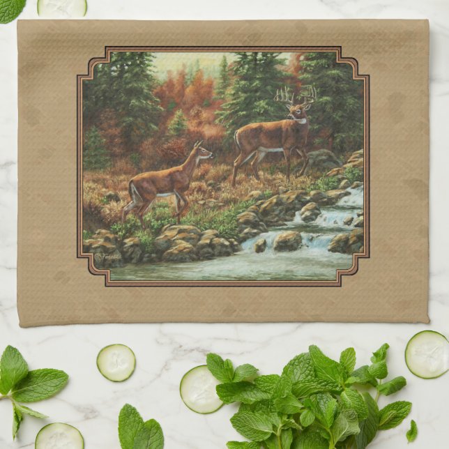 Deer and Stream Waterfall Tan Tea Towel (Folded)