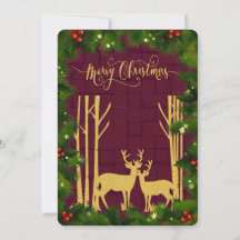 Deer and Trees in Gold Glitter Christmas Flat Card