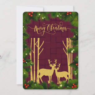 Deer and Trees in Gold Glitter Christmas Flat Card