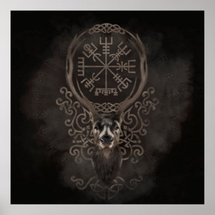Deer and Vegvisir - Viking  Navigation Compass Poster