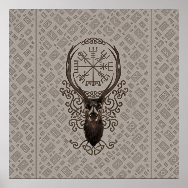 Deer and Vegvisir - Viking Navigation Compass Poster (Front)