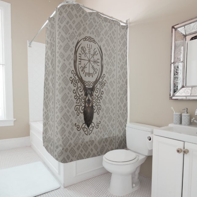 Deer and Vegvisir - Viking Navigation Compass Shower Curtain (In Situ)