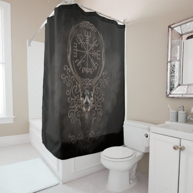 Deer and Vegvisir - Viking  Navigation Compass Shower Curtain (In Situ)