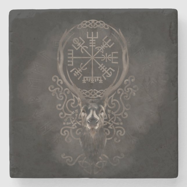 Deer and Vegvisir - Viking  Navigation Compass Stone Coaster (Front)