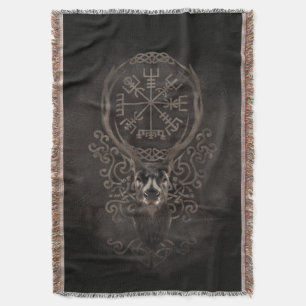 Deer and Vegvisir - Viking Navigation Compass Throw Blanket