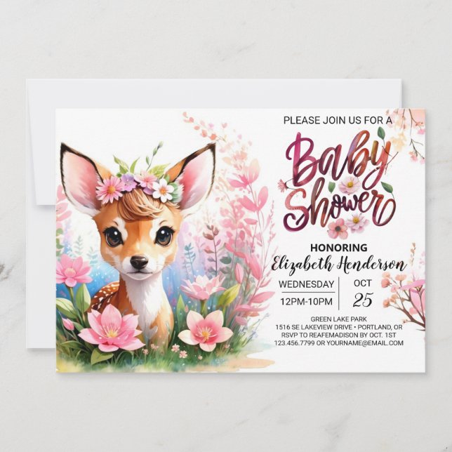 Deer and Wildflower Pink Baby Shower Invitation (Front)
