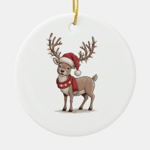 Deer Animal Christmas Deer Santa Hat Xmas  Ceramic Tree Decoration
