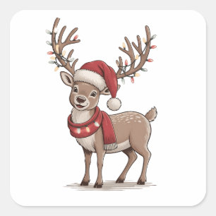 Deer Animal Christmas Deer Santa Hat Xmas Square Sticker