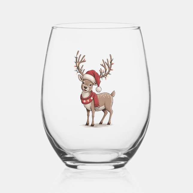 Deer Animal Christmas Deer Santa Hat Xmas  Stemless Wine Glass (Back)