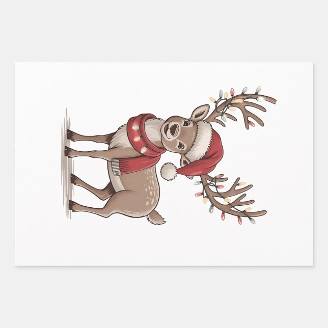 Deer Animal Christmas Deer Santa Hat Xmas  Wrapping Paper Sheet (Front)