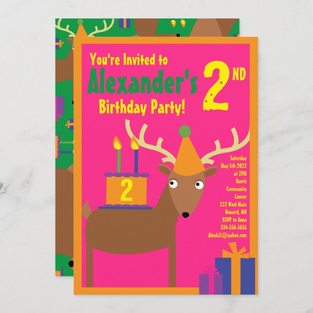 Deer Animal Kid's Birthday Party Invitations (Front/Back)
