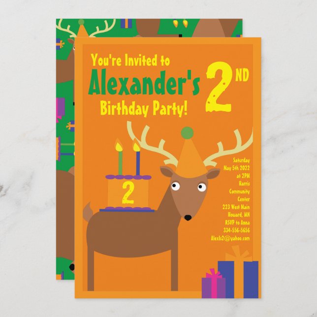 Deer Animal Kid's Birthday Party Invitations (Front/Back)