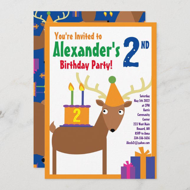 Deer Animal Kid's Birthday Party Invitations (Front/Back)