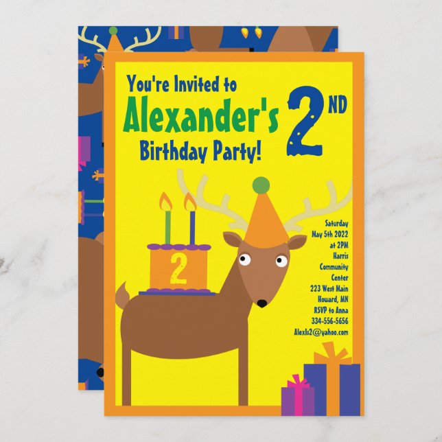 Deer Animal Kid's Birthday Party Invitations (Front/Back)