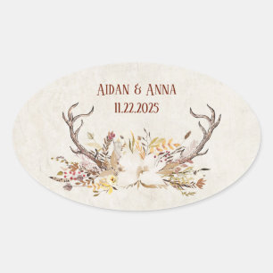Deer antler and wedding flowers oval sticker