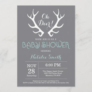 Deer Antler Baby Shower Invitation Grey and Aqua