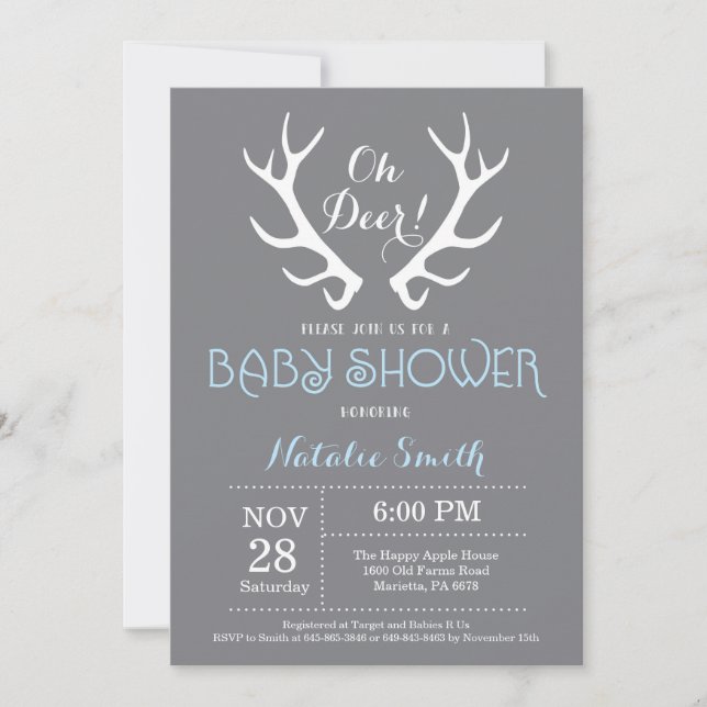 Deer Antler Baby Shower Invitation Grey and Blue (Front)