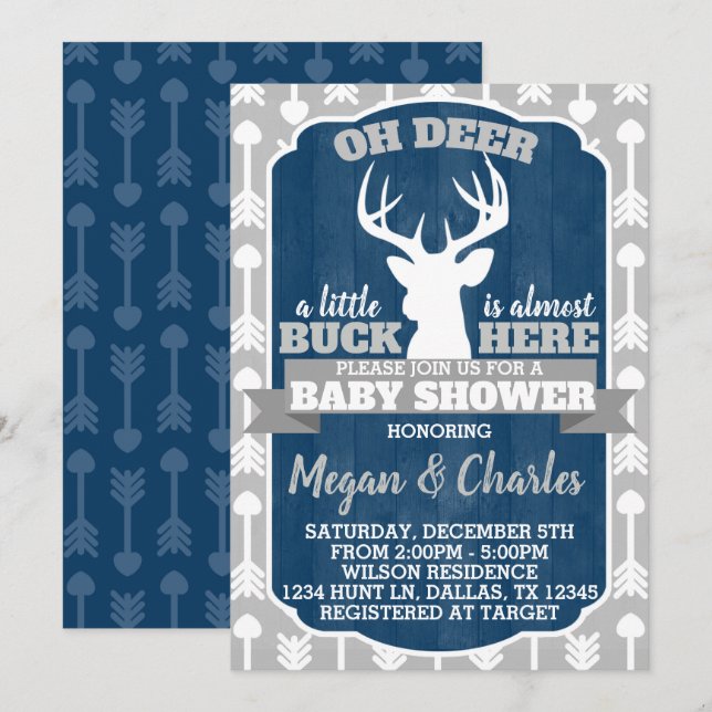 Deer Antler Baby Shower Invitation Navy Grey (Front/Back)