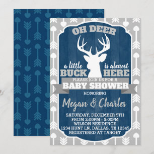 Deer Antler Baby Shower Invitation Navy Grey