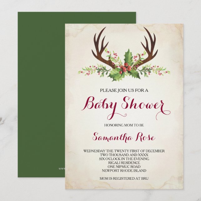 Deer Antler Baby Shower Invite - Christmas (Front/Back)