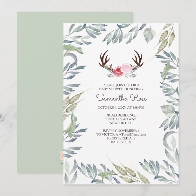 DEER ANTLER Baby Shower Invite - Girl (Front/Back)