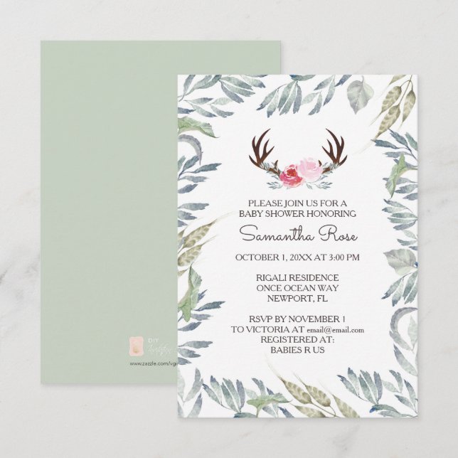 DEER ANTLER Baby Shower Invite, Girl Invitation (Front/Back)