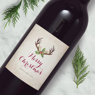 Deer Antler Christmas Wine Label  Rustic Boho