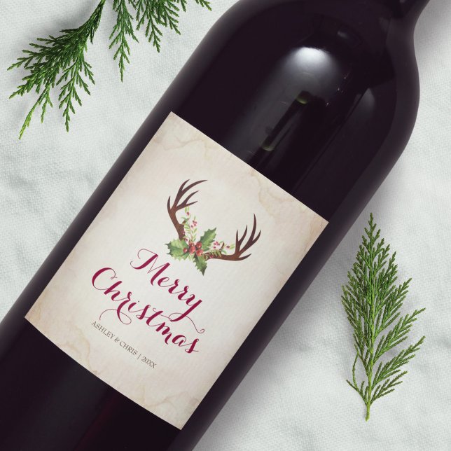Deer Antler Christmas Wine Label  Rustic Boho (Creator Uploaded)