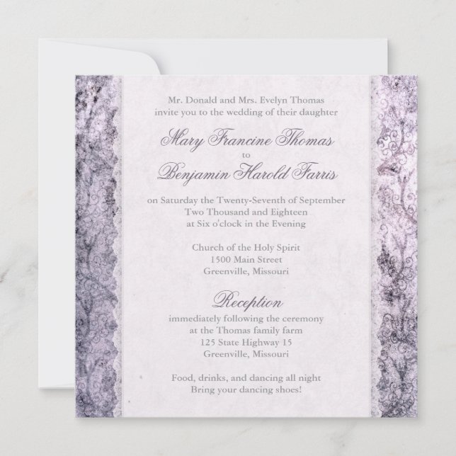Deer Antler Damask Lilac Purple Wedding Invitation (Front)