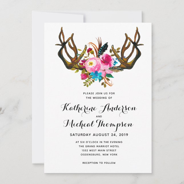 Deer Antler Floral Wedding Invitation (Front)