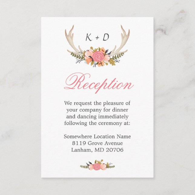 Deer Antler Floral Wedding Reception Direction Enclosure Card (Front)