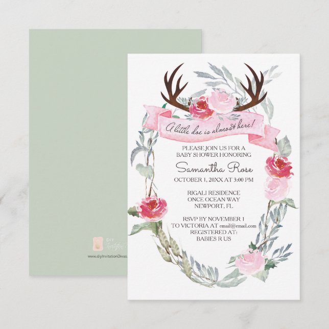 DEER ANTLER Girl Baby Shower Invite, Pink Invitation (Front/Back)